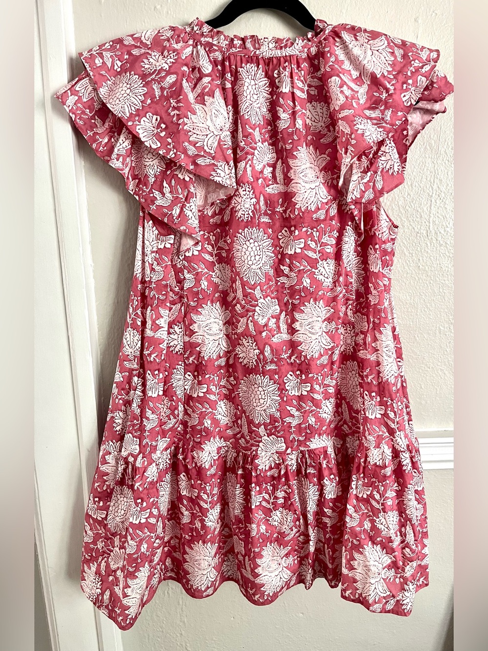 Entro Ruffle Sleeve Tiered Floral Pink Mini Dress with Pockets size Large - Picture 9 of 9
